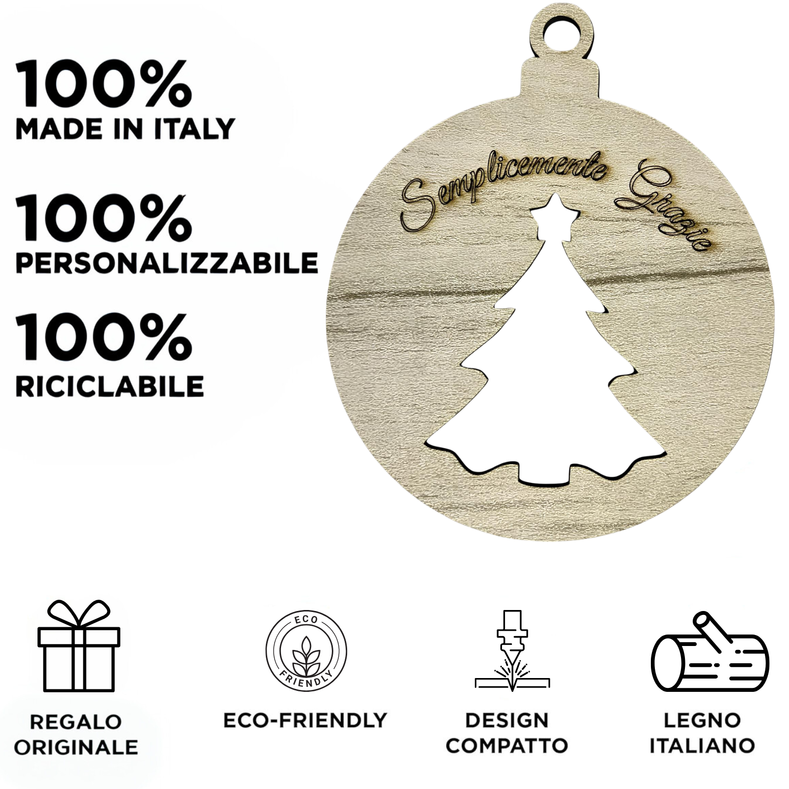 Pallina di natale personalizzabile in legno inciso con nome o logo Ø 10 cm - Albero di natale