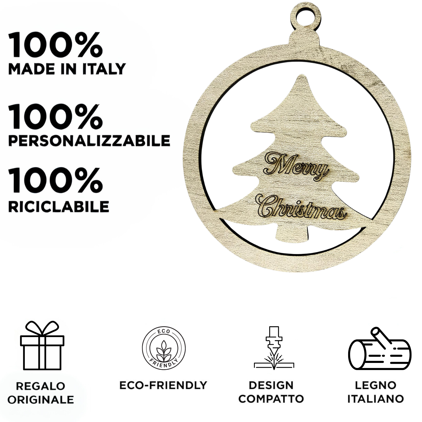 Pallina di natale personalizzabile in legno inciso con nome o logo Ø 10 cm - Albero di natale