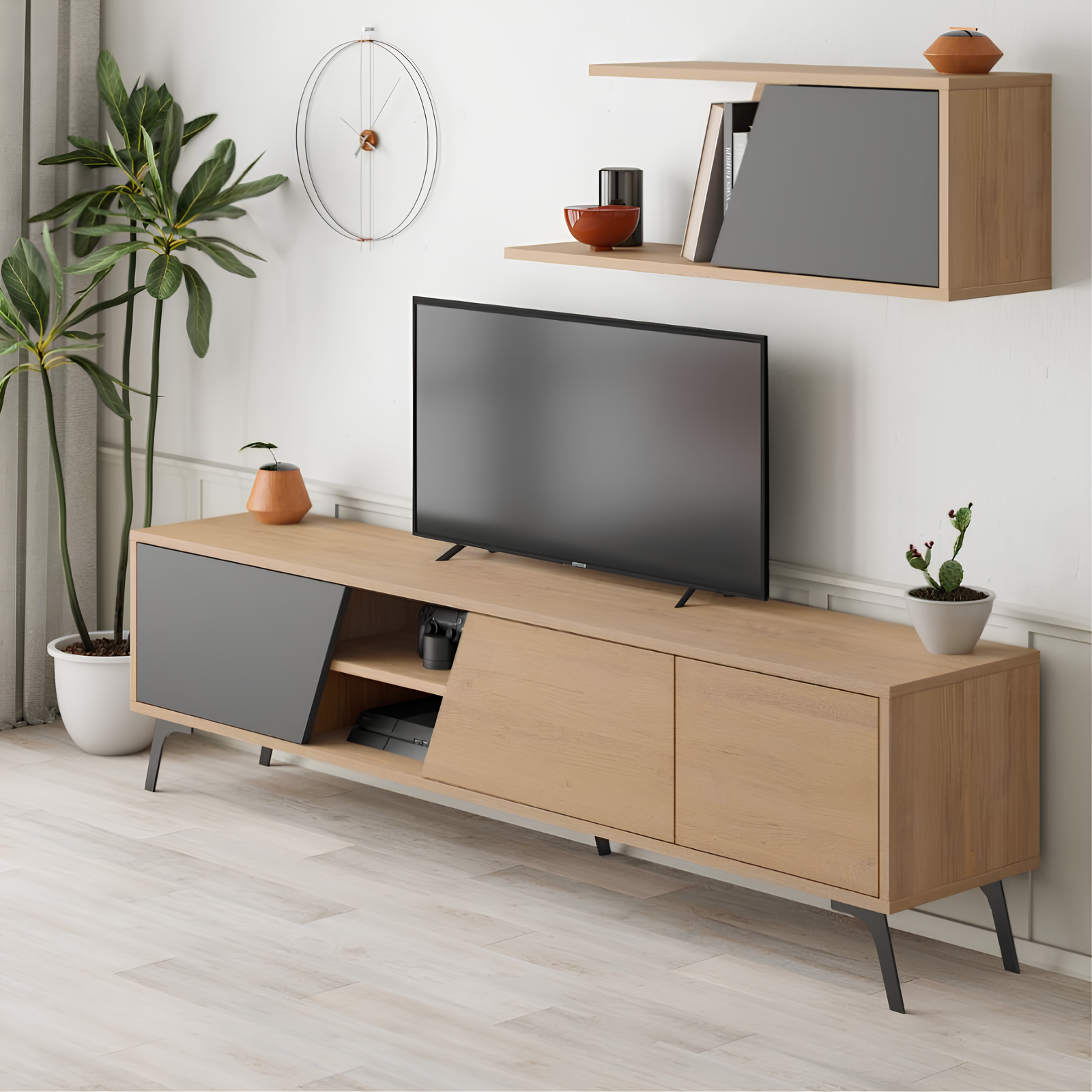 Mobile Porta Tv design moderno in legno con gambe in metallo Rovere e Antracite - Fiona