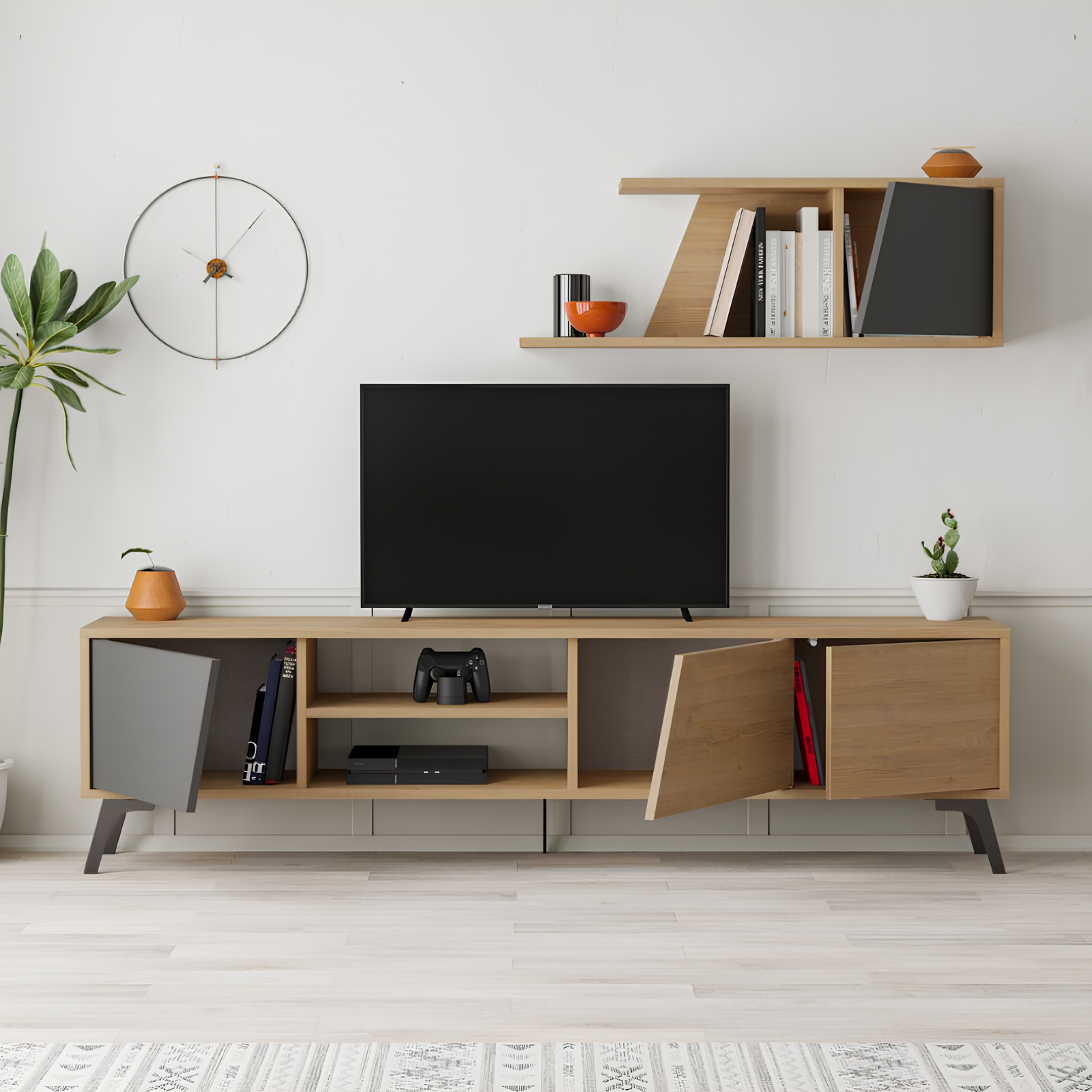 Mobile Porta Tv design moderno in legno con gambe in metallo Rovere e Antracite - Fiona