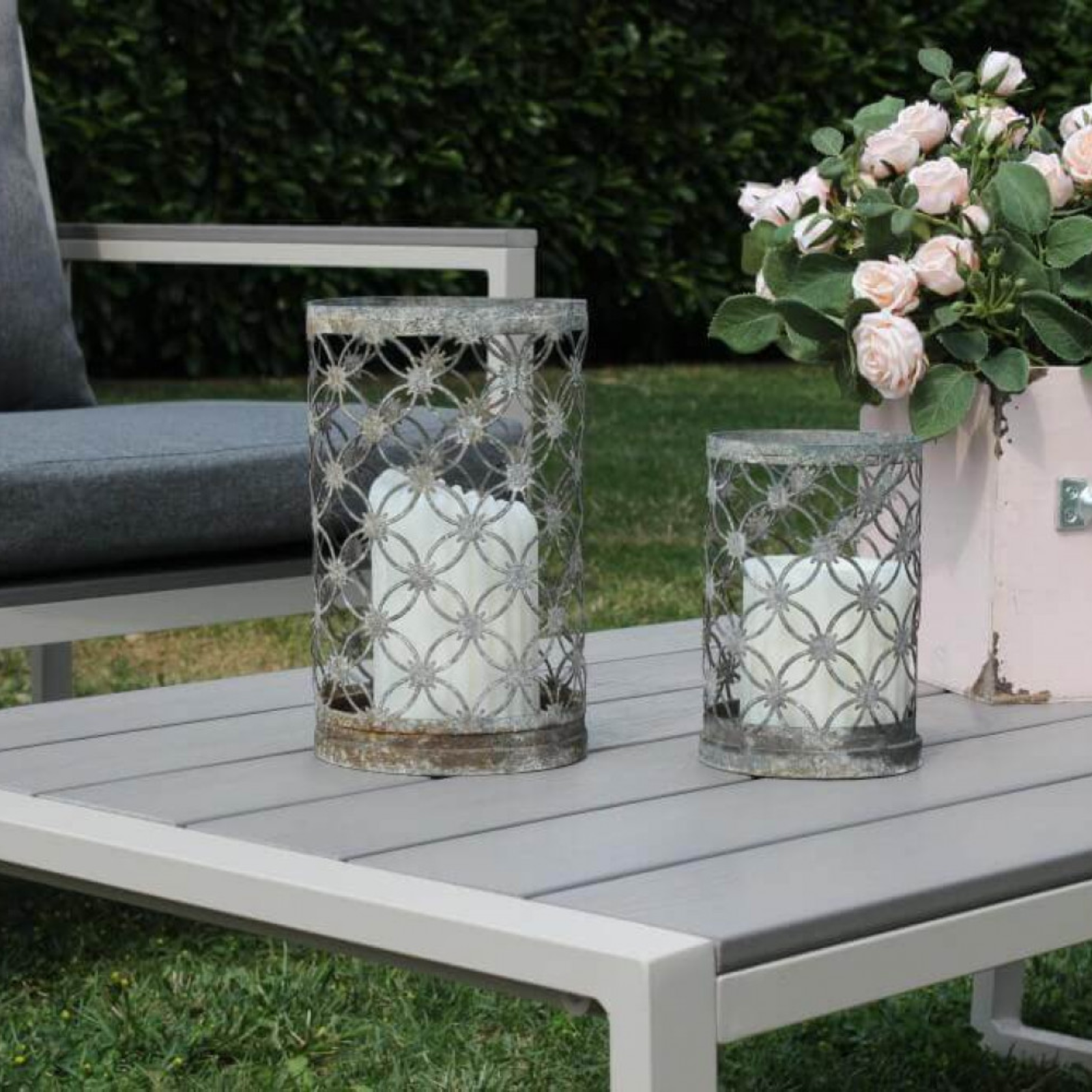 Set relax da giardino tortora divano 2 poltrone con cuscini e tavolino rettangolare in alluminio - Policoro