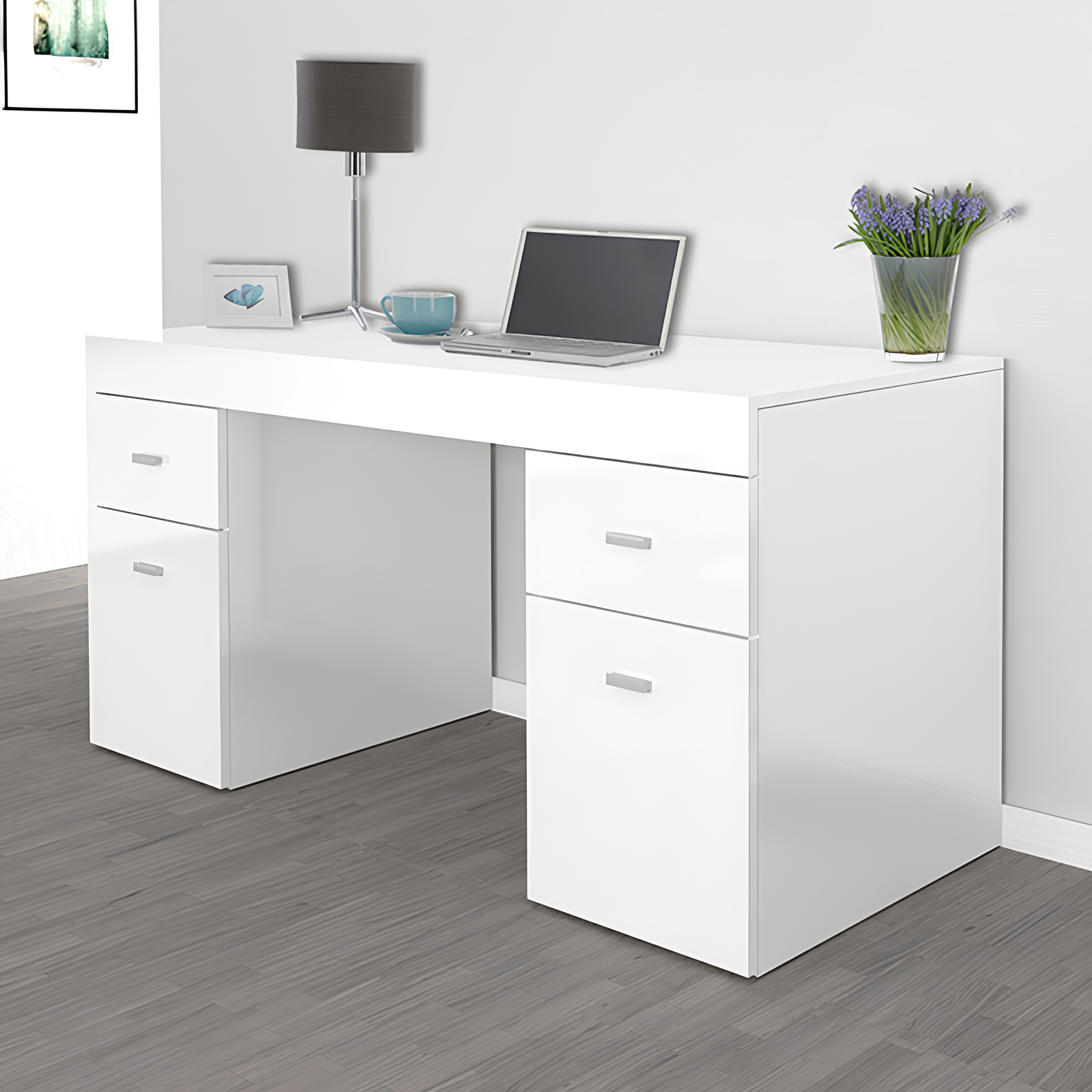 Scrivania 130x60 in legno Bianco lucido 2 ante 2 cassetti e piano scorrevole - Slind