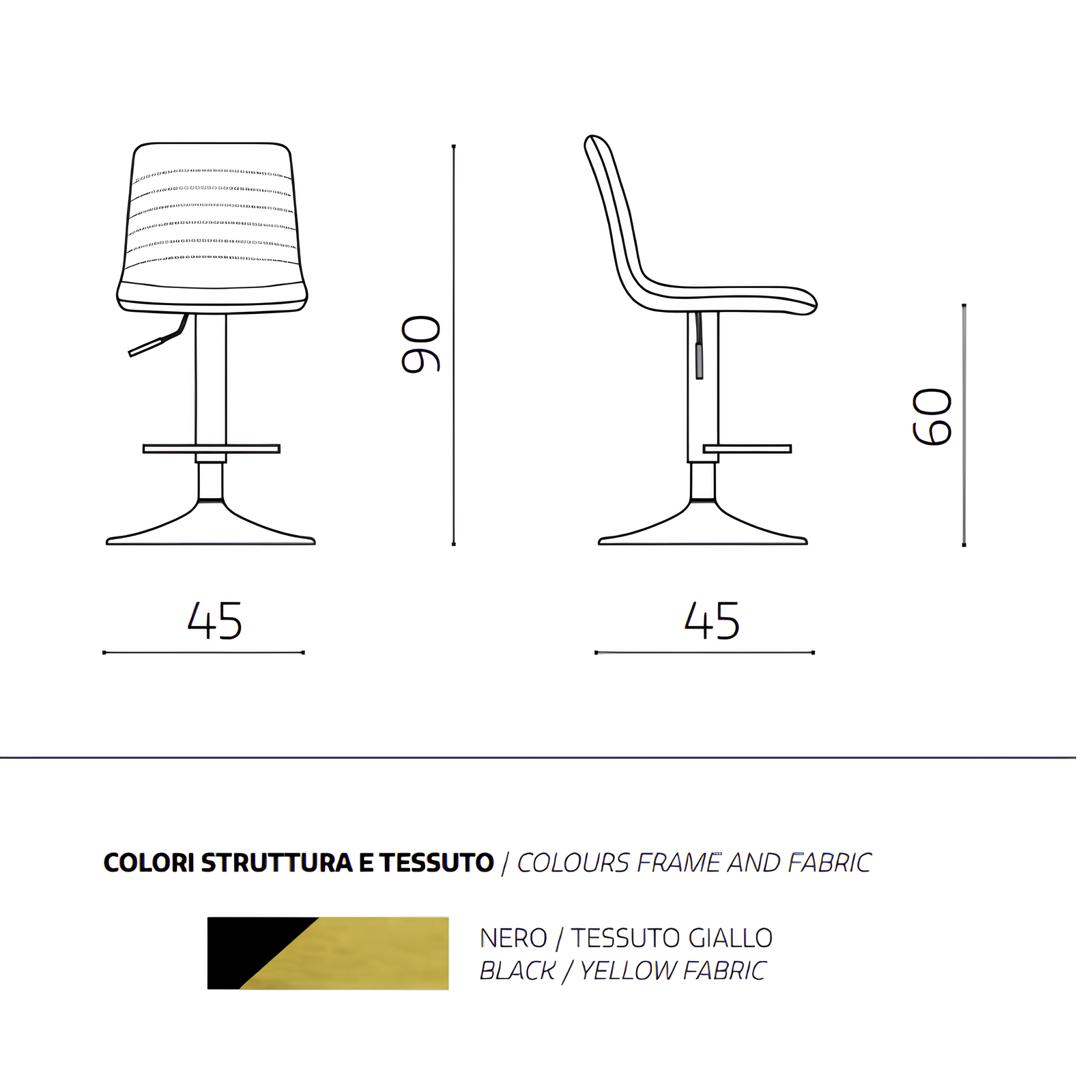 Sgabello alto design moderno base in metallo e seduta rivestita in tessuto cannettato giallo - Pura