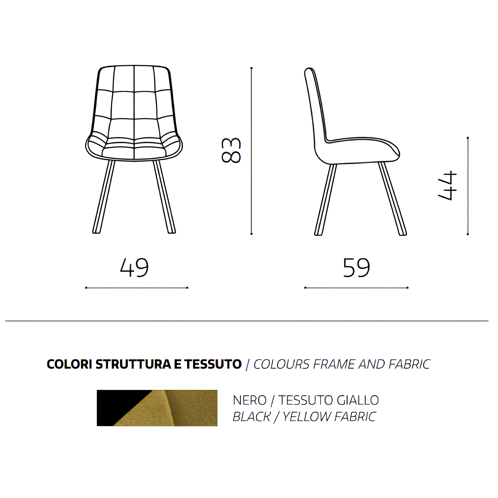 Sedia da pranzo design moderno con struttura in metallo verniciato e seduta in tessuto giallo imbottito - Armony