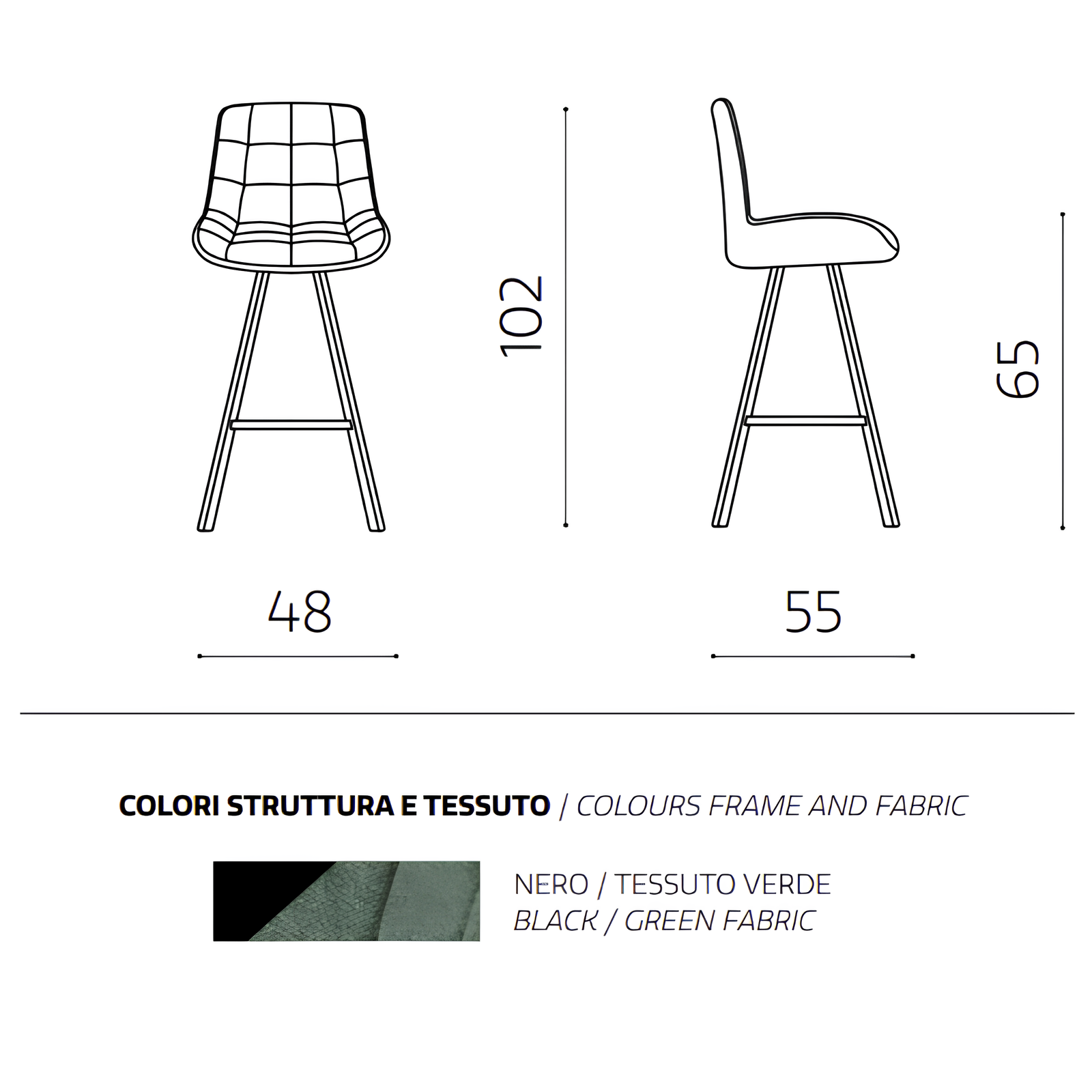 Sgabello alto design moderno struttura in metallo verniciato e seduta in tessuto imbottito verde - Armony