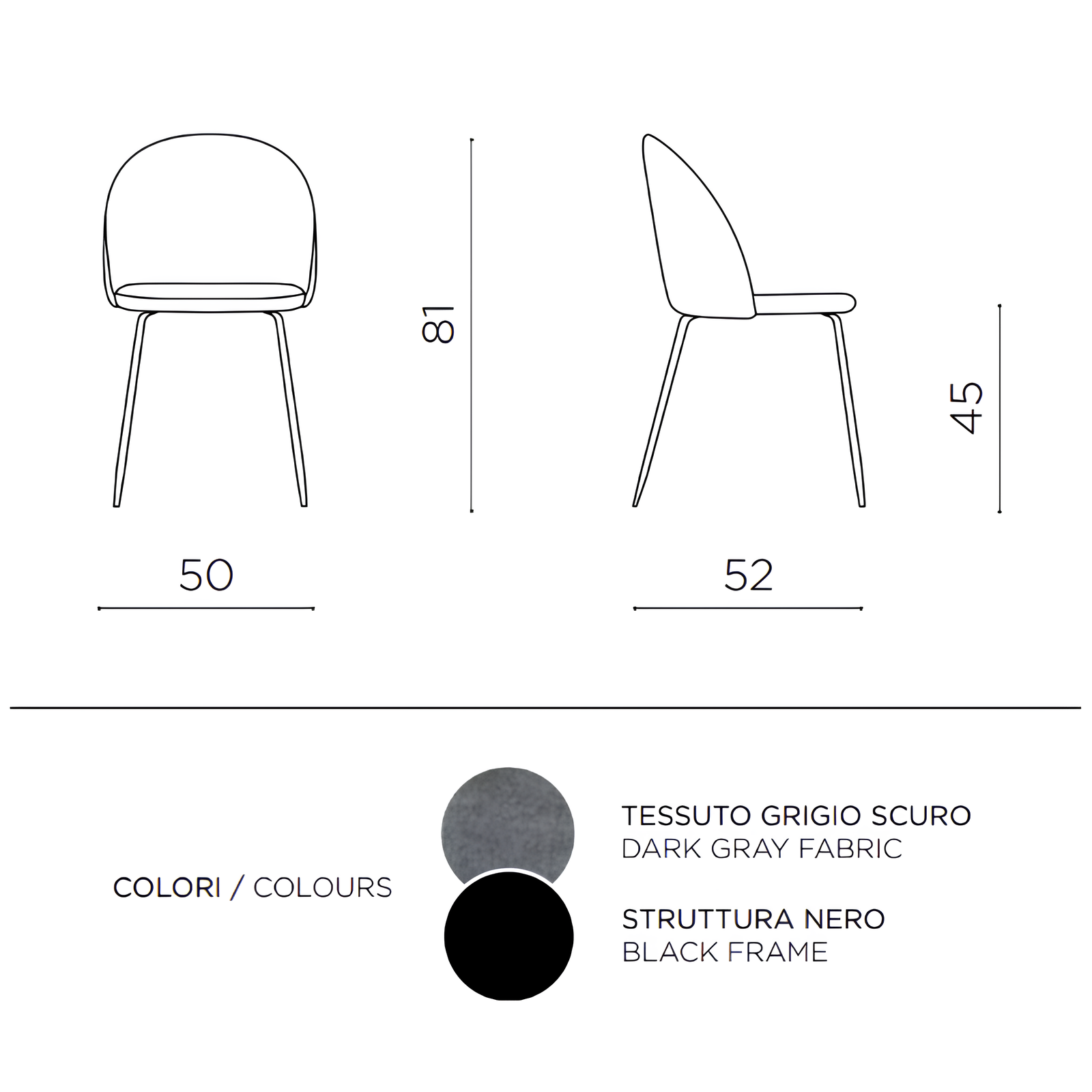 Sedia da pranzo design moderno in tessuto grigio struttura in metallo nero - Karen