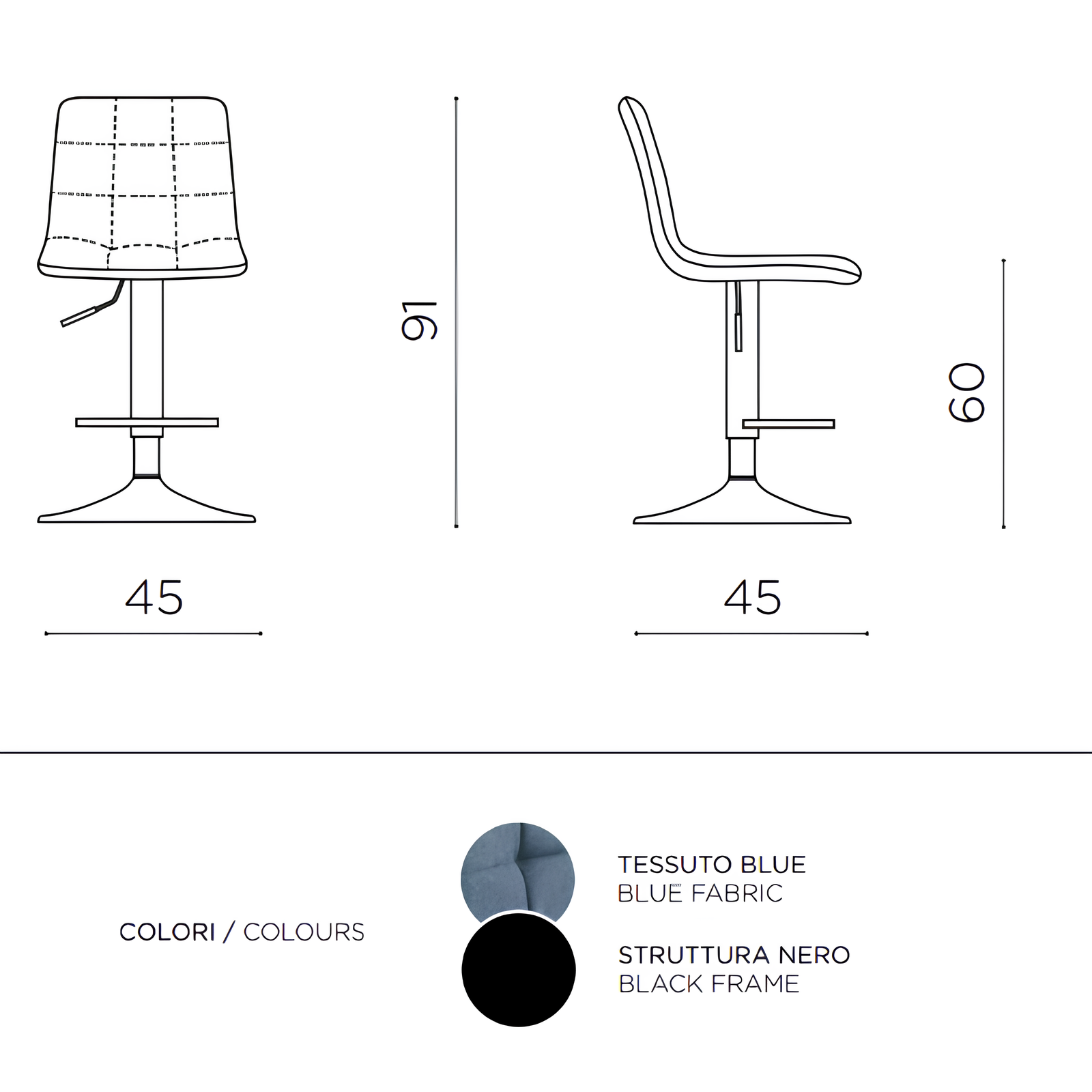 Sgabello moderno girevole in tessuto blu imbottito con struttura in metallo - Katerine