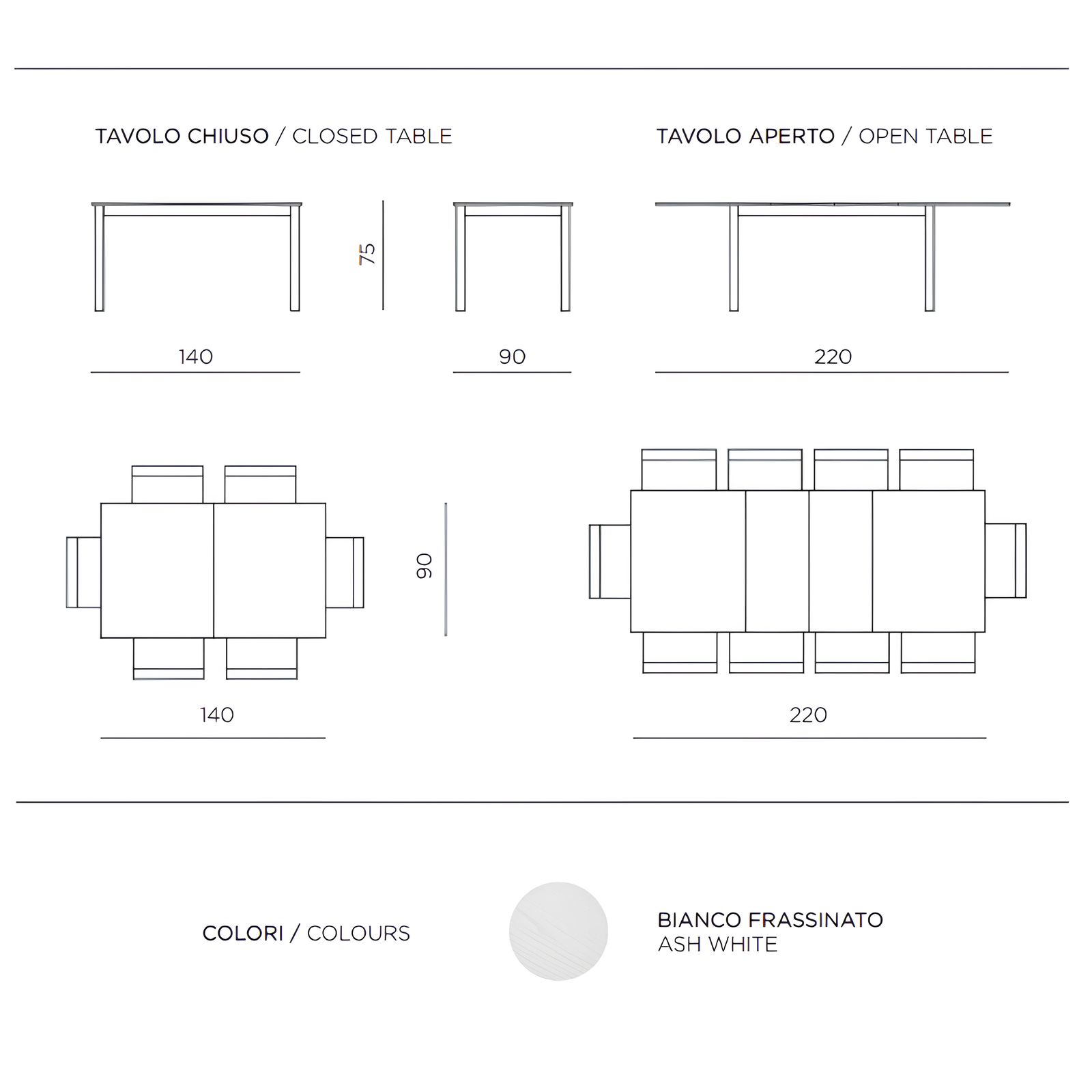 Tavolo allungabile 140/220x75h in legno bianco frassinato con allunghe centrali - Caio