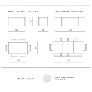 Tavolo allungabile 140/220x75h in legno bianco frassinato con allunghe centrali - Caio