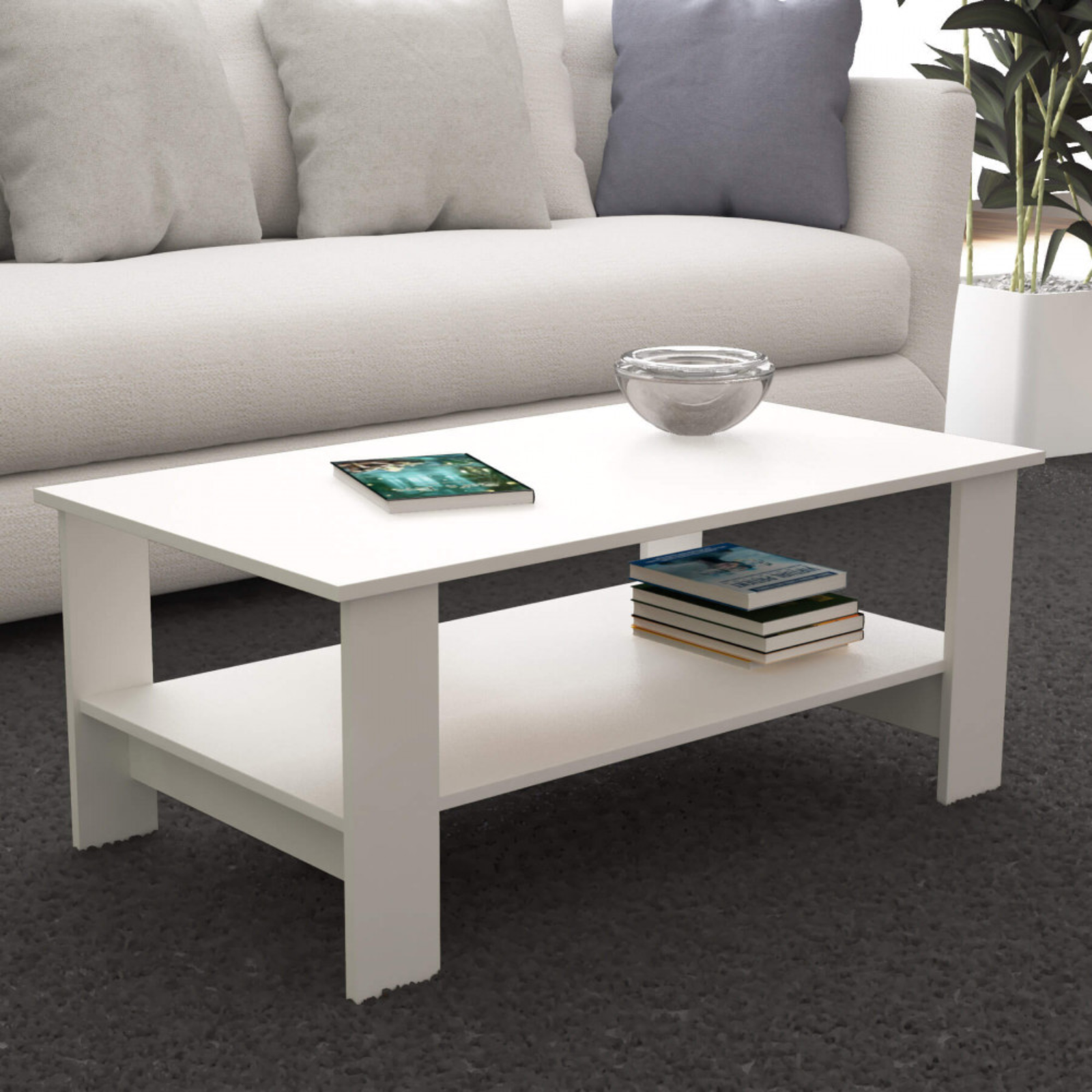 Tavolino da salotto 106x59 in legno bianco design moderno con ripiani - Matci