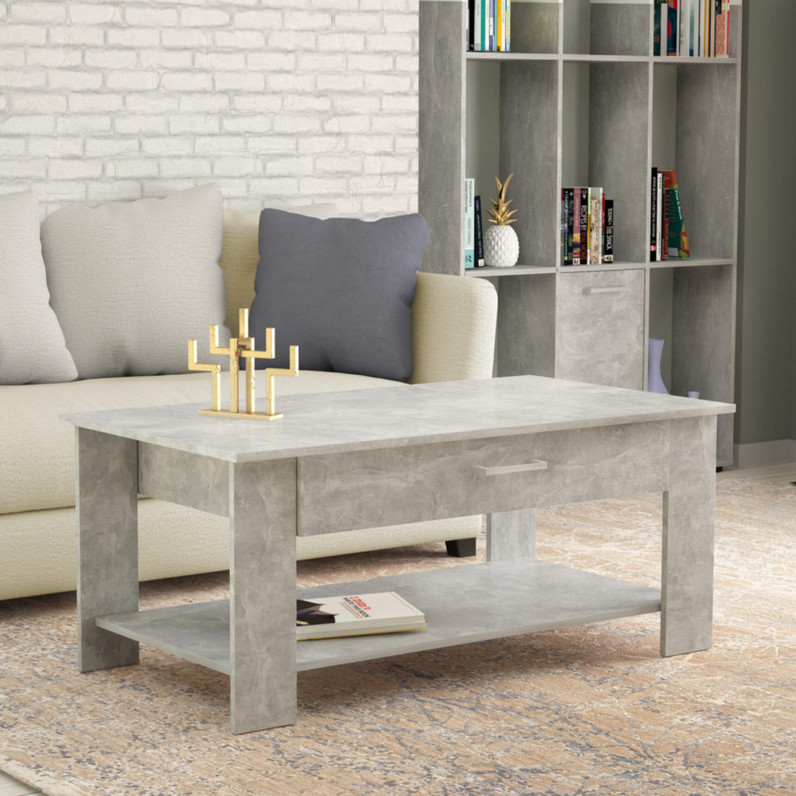 Tavolino da salotto 110x60 design moderno grigio effetto cemento con ripiani e cassetto - Mirto