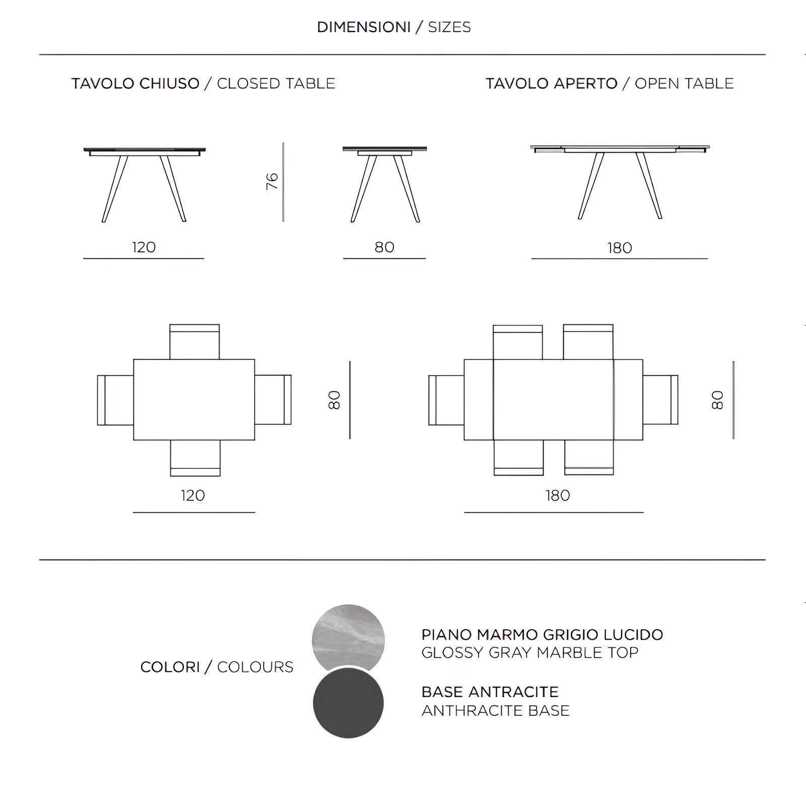 Tavolo da pranzo allungabile 120/180x76h piano in pietro effetto marmo grigio base in metallo antracite - Oreste