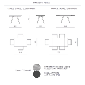 Tavolo da pranzo allungabile 120/180x76h piano in pietro effetto marmo grigio base in metallo antracite - Oreste