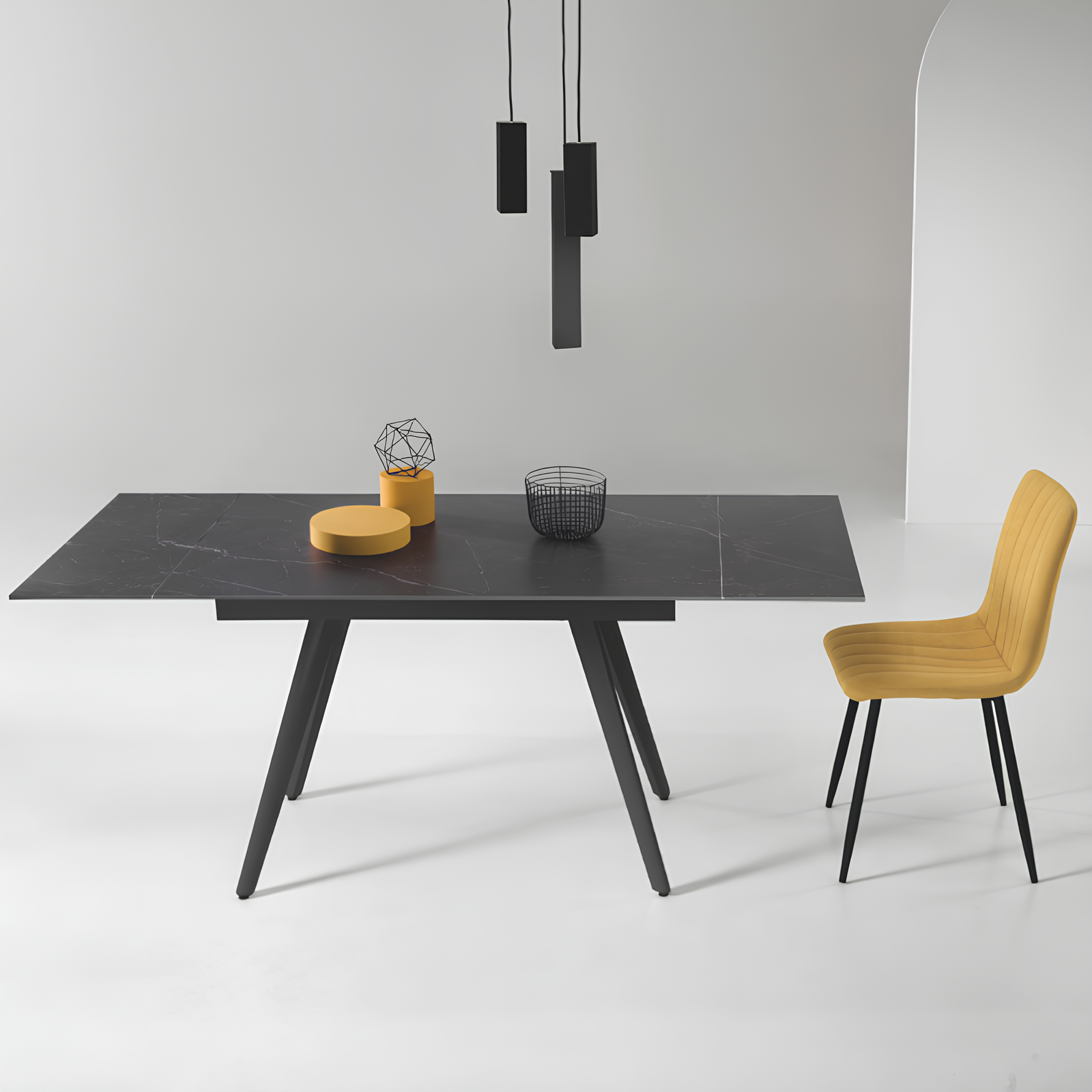 Tavolo da pranzo allungabile 120/180x76h piano in pietro effetto marmo antracite base in metallo nero - Oreste