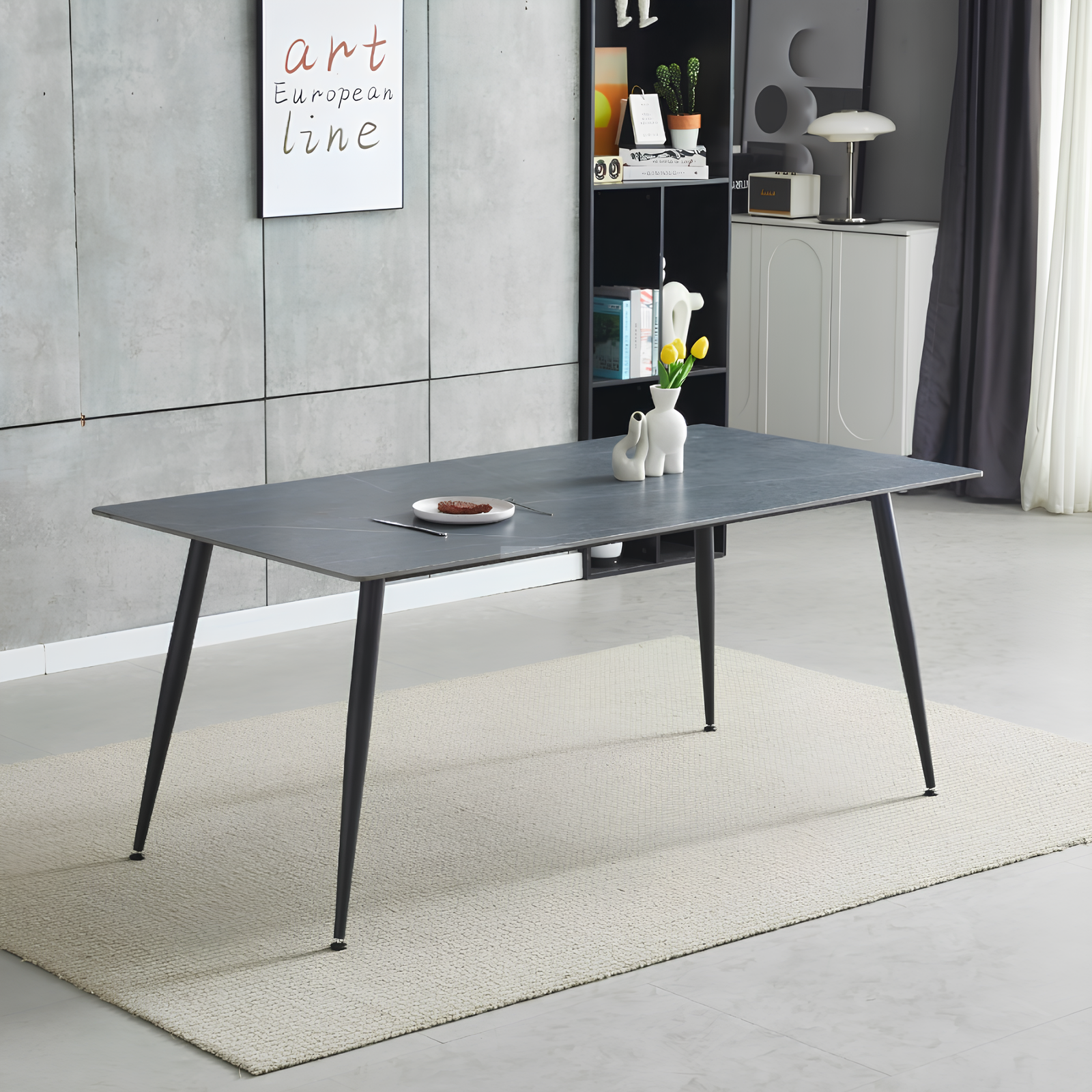 Tavolo da pranzo rettangolare 140x80 top in ceramica effetto marmo grigio opaco - Mila