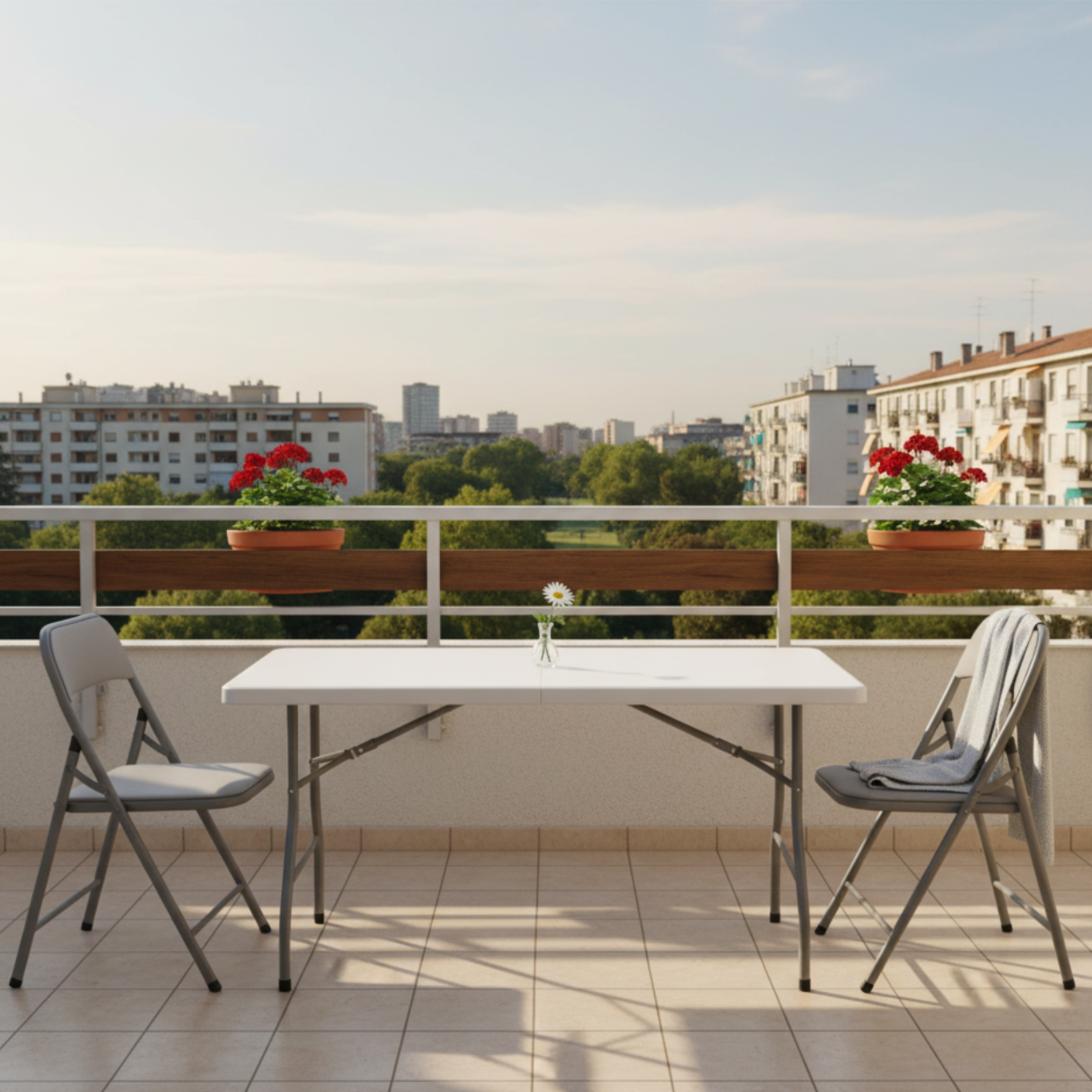Tavolo a valigetta "Omi" bianco con struttura pieghevole in acciaio e piano in pvc 152x76