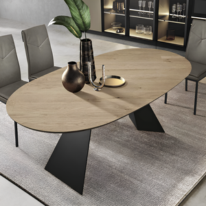 Tavolo da pranzo moderno 210x75h piano in rovere impiallacciato ovale e base in metallo nero - Aris