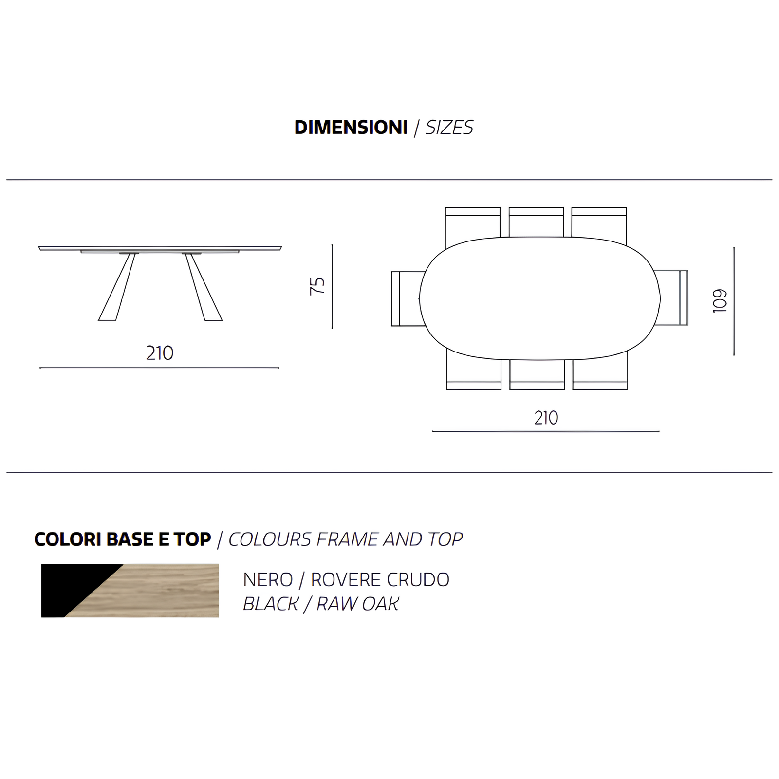 Tavolo da pranzo moderno 210x75h piano in rovere impiallacciato ovale e base in metallo nero - Aris