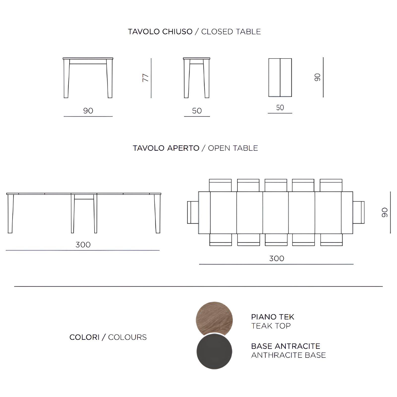 Tavolo consolle allungabile 90/300x76h in legno piano tek e base antracite 12 posti - Nadir