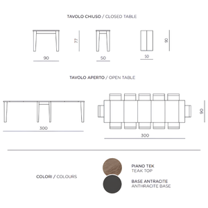 Tavolo consolle allungabile 90/300x76h in legno piano tek e base antracite 12 posti - Nadir