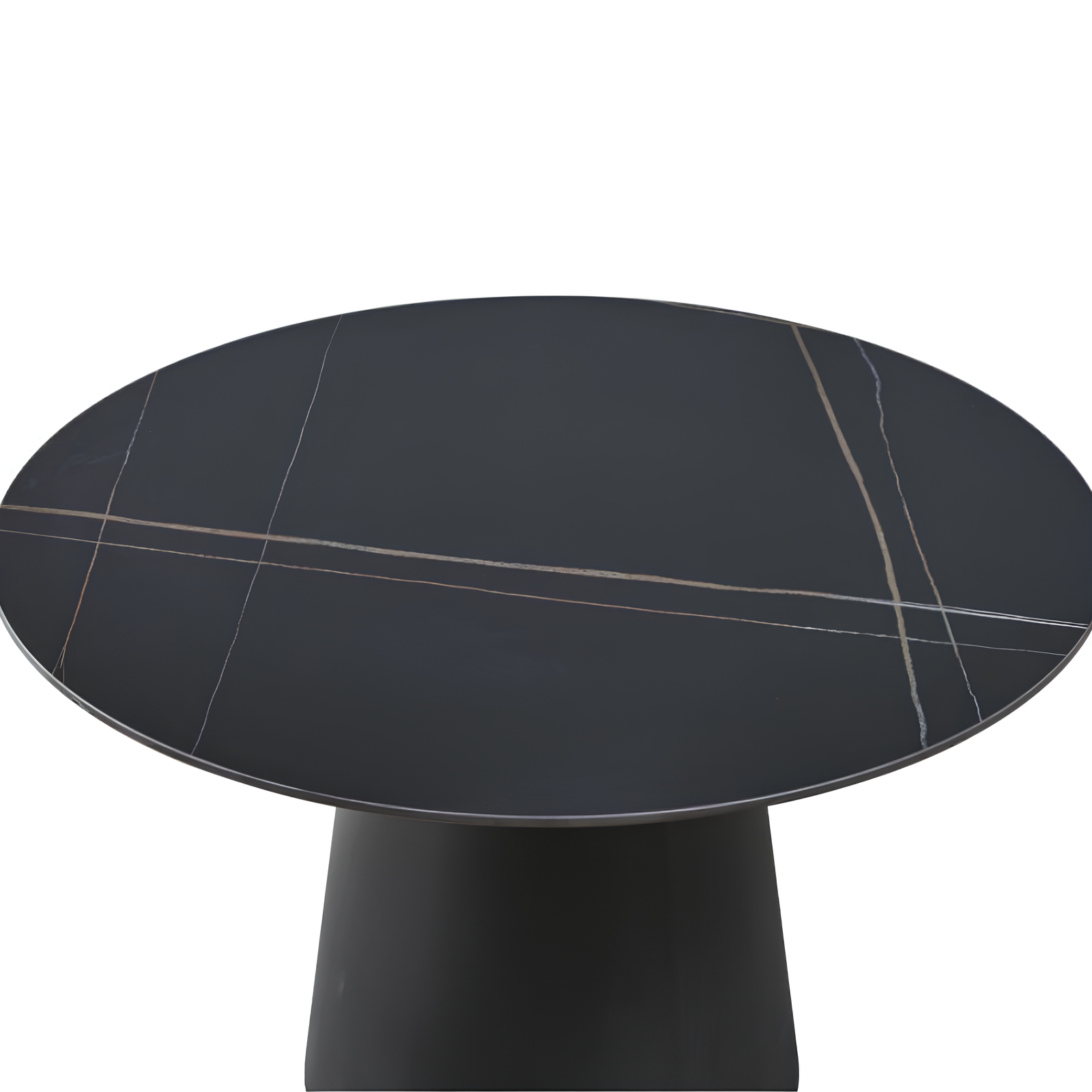 Tavolo da pranzo rotondo top in ceramica nero e oro e gambe in metallo nero effetto opaco - Furore