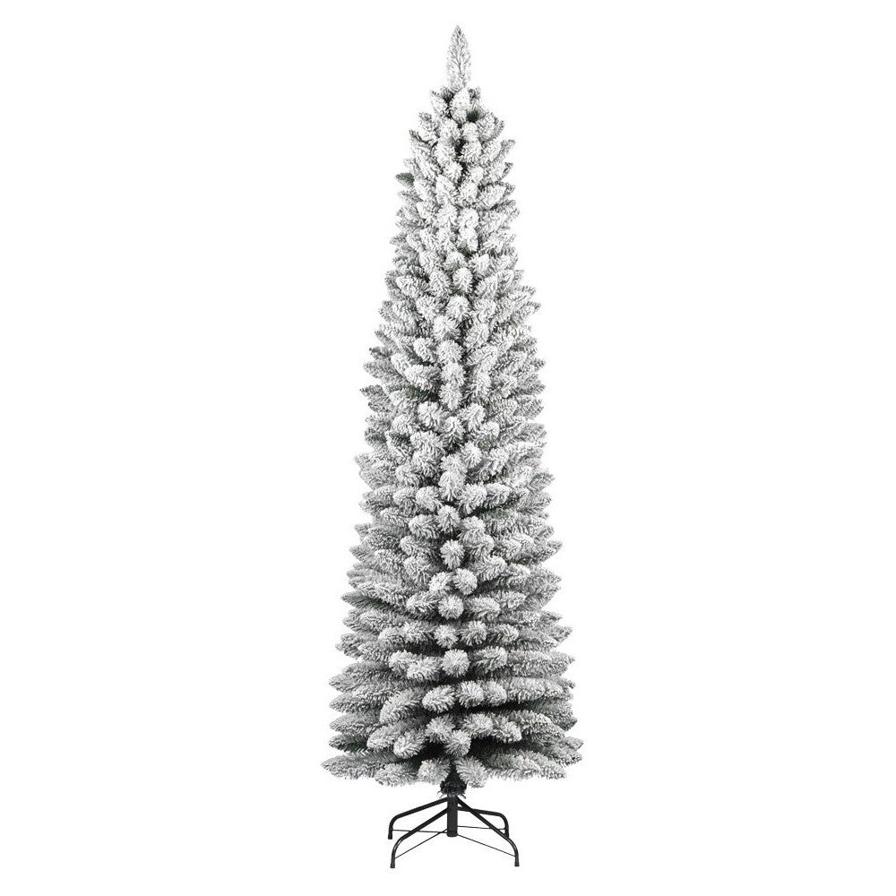 Albero di natale slim innevato artificiale in PVC con base in metallo apertura a pencil - Glowy