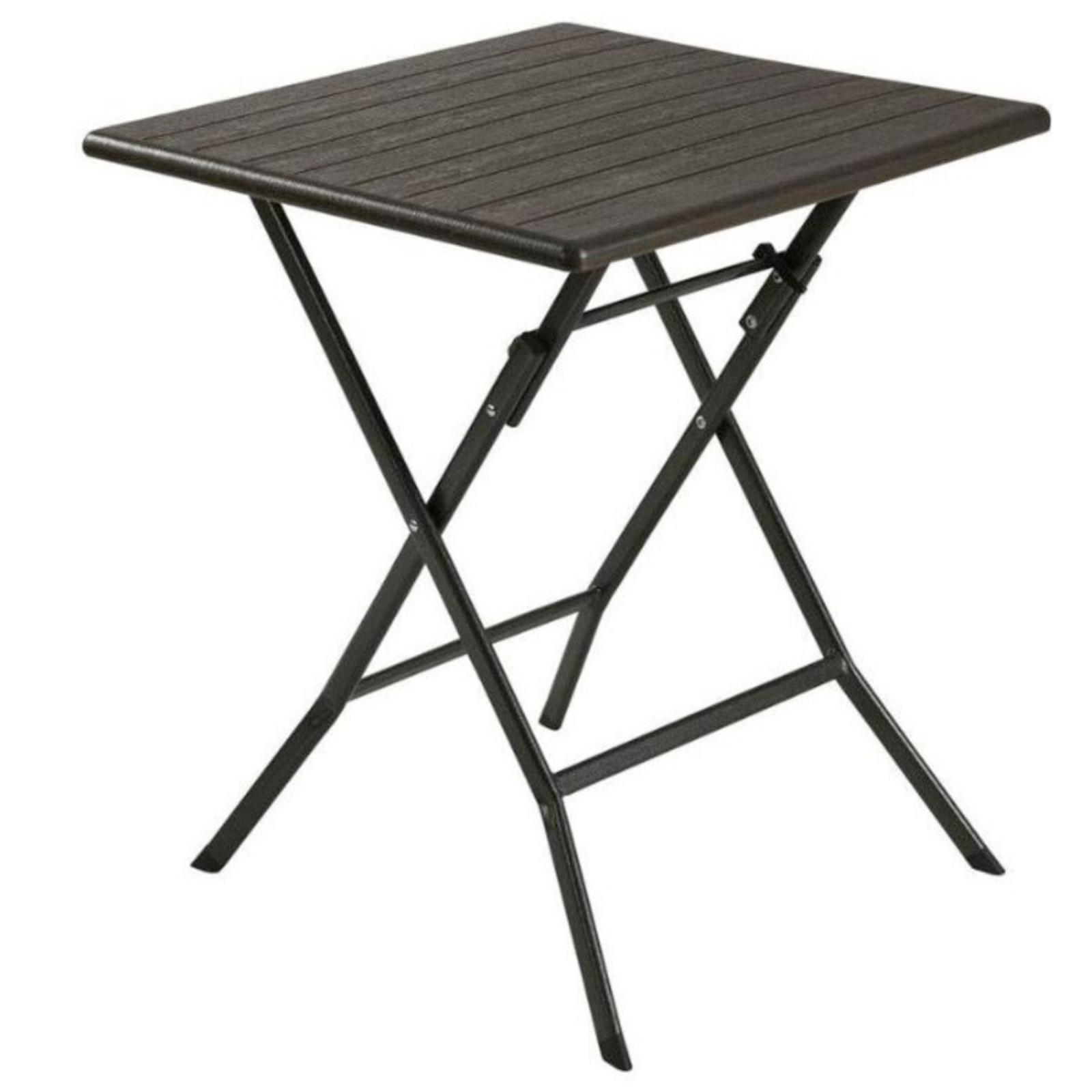 Tavolo pieghevole con struttura in acciaio e piano d'appoggio in hdpe nero-effetto legno